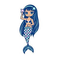 Cute little mermaid with dark skin color on a white background.