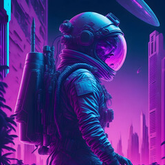 Astronaut in cyberpunk city UFO in the sky. Generative AI.