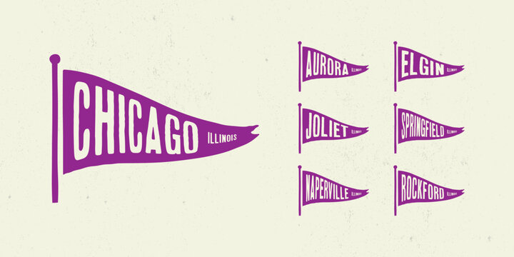 Set flag graphic. Old vintage trendy flag with city of Illinois state. Vintage banner with ribbon flag.