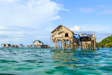 Beautiful landscapes view borneo sea gypsy water village in Bodgaya Mabul Island, Semporna Sabah, Malaysia.