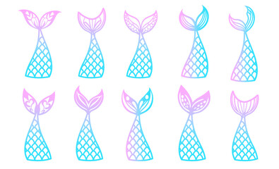 Set of pink and blue mermaid tails on a white background.
