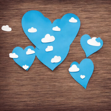 Blue hearts and white clouds of paper