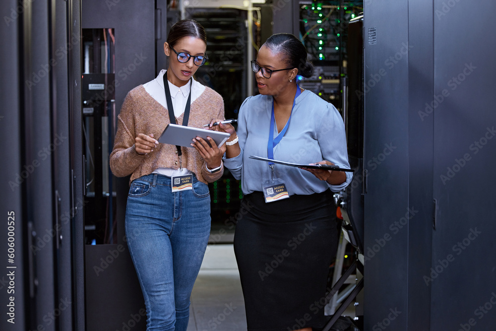 Poster Talking, server room and women with a tablet for cyber security, database planning and inspection. Teamwork, technician and female programmers talking with technology for coding, hardware and system