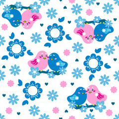 Vector seamless pattern with a couple of cute birds sitting on a branch and flowers. Summer or spring background. Great for wallpaper design, clothing, textile printing, wrapping paper