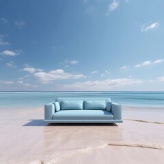 Fototapeta na wymiar Modern minimalistic light blue sofa in the middle of the ocean. Concept of comfortable sofa. Created with generative AI.