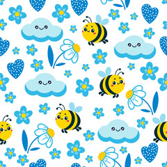 Vector seamless pattern with cute bees, clouds, chamomile and hearts. Summer or spring background. Great for wallpaper design, clothing, textile printing, wrapping paper