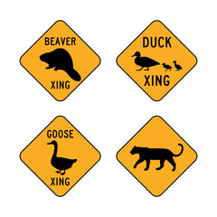 Set funny yellow road sign. Beaver, duck, goose, panther crossing. 