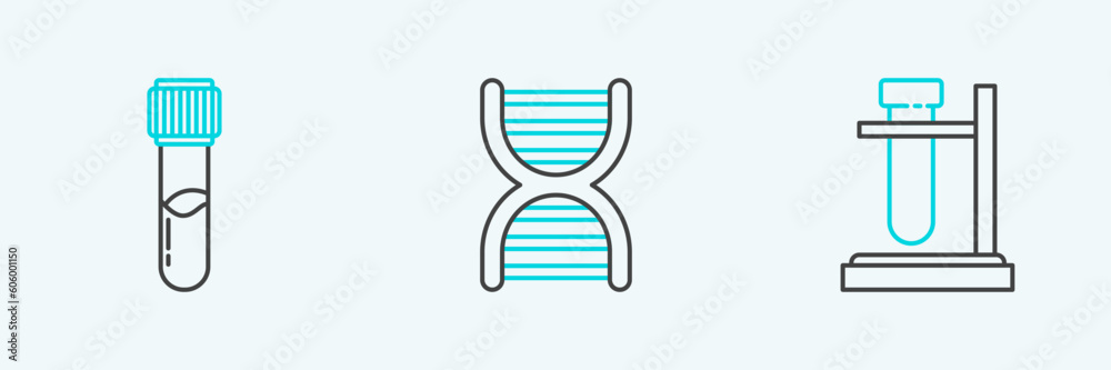 Poster Set line Test tube flask on stand, chemical and DNA symbol icon. Vector