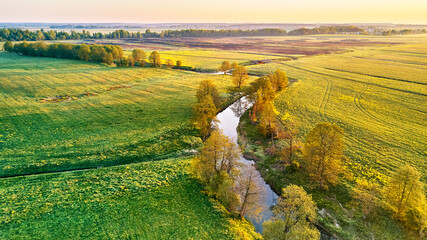 Spring morning landscape. Calm river in blooming meadows. Aerial rural view from above. Agricultural yellow green colza fields. Rapeseed and dandelion blossom scene. - 606001384