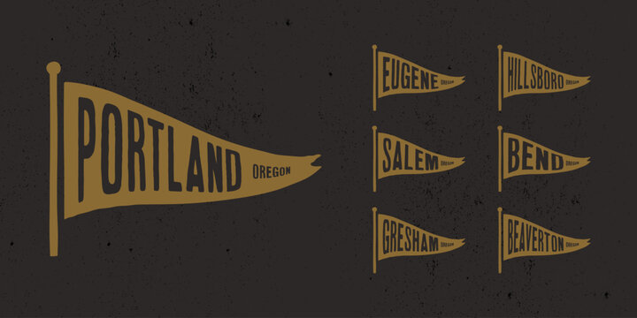 Set flag graphic. Old vintage trendy flag with city of Oregon state. Vintage banner with ribbon flag.