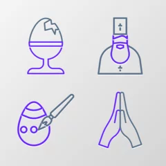 Muurstickers Set line Hands in praying position, Easter egg paint brush, Priest and Chicken stand icon. Vector © Oksana