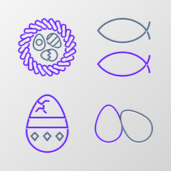 Set line Easter eggs, Cracked, Christian fish and in wicker nest icon. Vector
