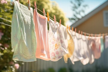washing day. Clothes hanging on a clothesline to dry on clothespins on the street in the village.Generative AI