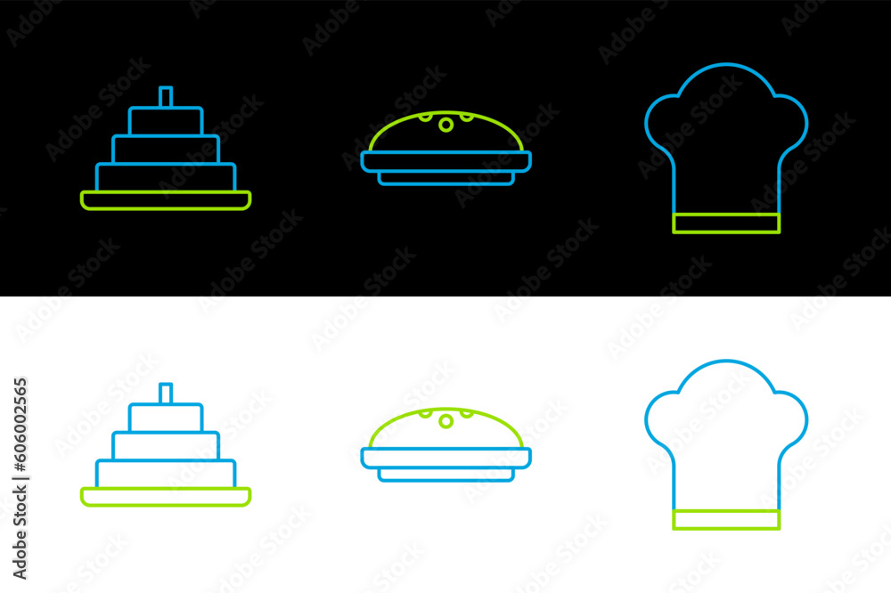 Canvas Prints set line chef hat, cake with burning candles and homemade pie icon. vector