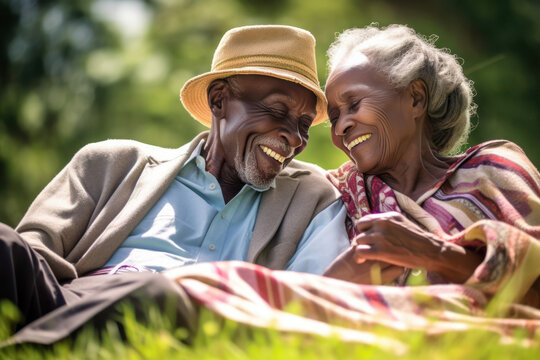 Elderly couple relishing a sunset, their smiles reflecting the golden hour, portrait..