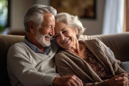 An endearing portrait of a senior couple, their happiness evident in their warm smiles and loving embrace.