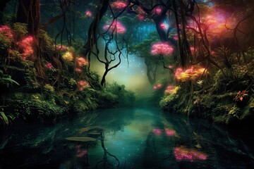 Fototapeta premium Mystical Luminosity: Revealing the Wonders of the Bioluminescent Forest