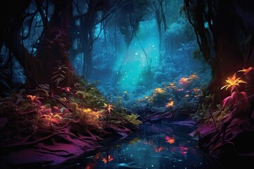 Obraz na płótnie Canvas Path of Illumination: Wander through the Enchanting Bioluminescent Forest