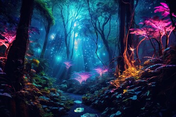 Moonlit Mirage: Lost in the Bioluminescent Forest's Luminous Embrace