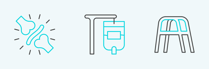 Set line Walker, Joint pain, knee pain and IV bag icon. Vector