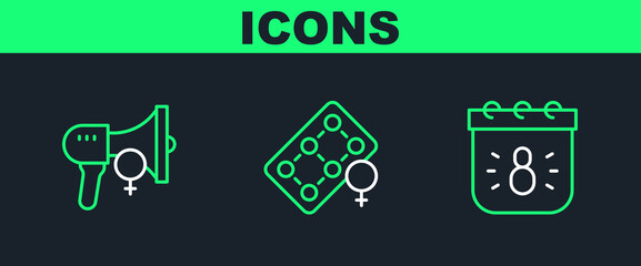 Set line Calendar with 8 March, Feminist activist and Packaging of birth control pills icon. Vector