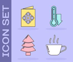 Set Coffee cup, Christmas postcard, Christmas tree and Meteorology thermometer measuring icon. Vector