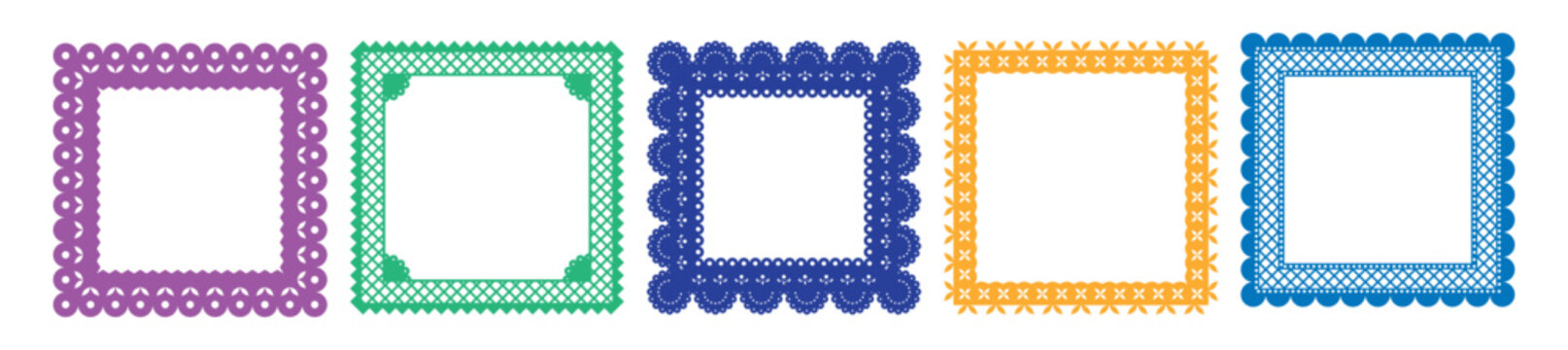 Papel picado square frames. Traditional mexican style cut out templates for greeting card, banner, flier. Vector illustration.