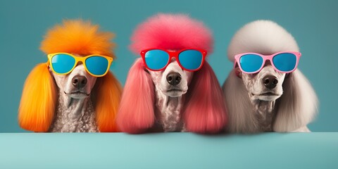A group of poodles wearing colorful sunglasses made with Ai generative technology