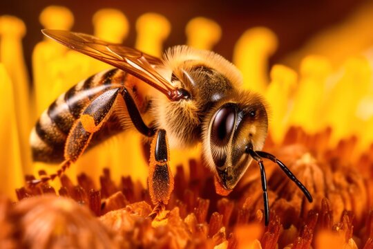 A bee collects nectar from a yellow flower. Super macro photo. Summer love insects feed on nectar. pictures all the fine details of the insect. flying creatures .Generative AI