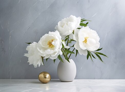 Fresh white peony flowers on light gray table background. Empty place for emotional, sentimental text, quote or sayings. Closeup. created with Generative AI technology