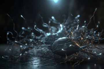 Science concept. Human brain cells and neurons working illustration. Generative AI