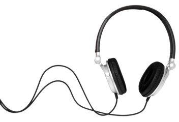 Silver DJ headphones isolated on transparency png file with copy space