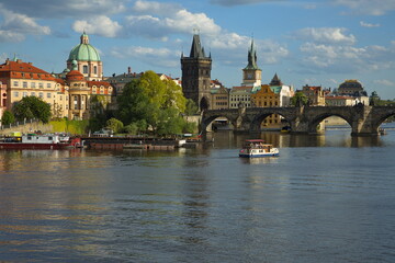 Fototapeta premium View of Charles bridge and Old Town from the river Vltava in Prague, Czech republic, Europe 