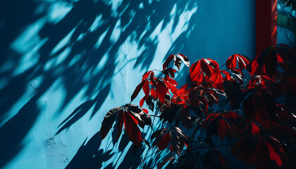 Shadow on a bright blue wall with red leaves hanging over the side with copy space, generative ai