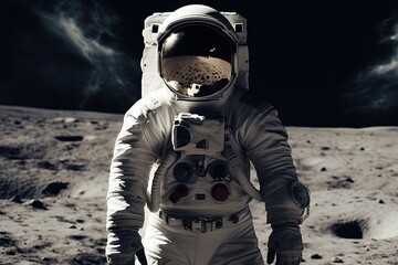 Astronaut on the planet stands on the background of space. Astronaut on the moon.   Generative AI.