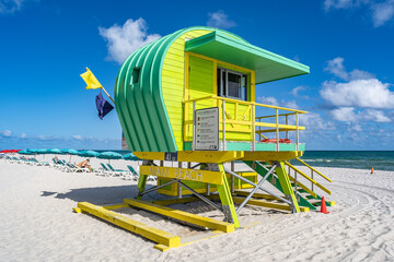 Miami Beach, USA - December 8, 2022. View of classic colored art deco lifeguard tower in South Miami Beach - 606007101