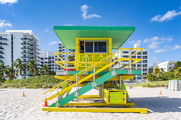 Miami Beach, USA - December 8, 2022. View of classic colored art deco lifeguard tower in South...