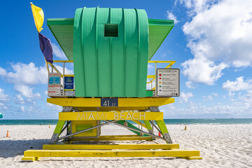 Miami Beach, USA - December 8, 2022. View of classic colored art deco lifeguard tower in South Miami Beach - 606007142