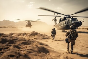 Fototapeta na wymiar Military commando special operation helicopter on sand. Generative AI.