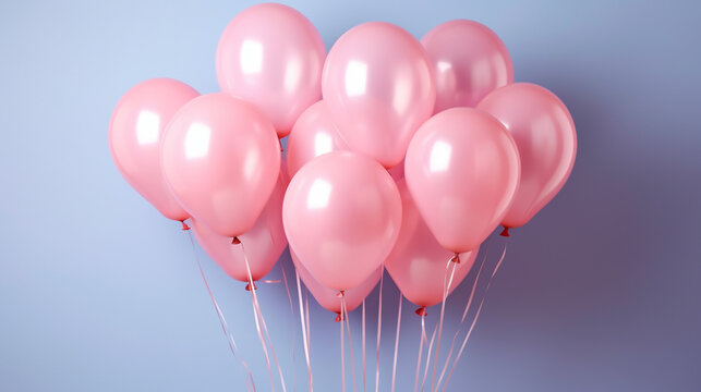 A generative AI image of pink helium party balloons floating on a blue background