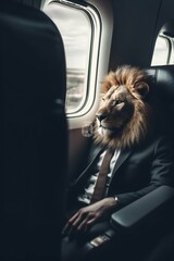 Lion Sitting in the Plane Seat by the Window and Wearing Suit, Business Class. Generative ai