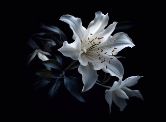 Fresh, white roses on black, dark background. Condolence card. Empty place for emotional, sentimental text, quote or sayings. Top view. Flat lay. created with Generative AI technology