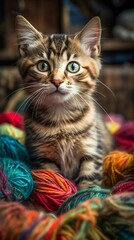 Fototapeta na wymiar Tiny Kitten Playing with Yarn. Generative ai