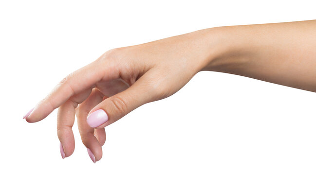 Female hand touching, pushing or pointing at somebody or something, cut out