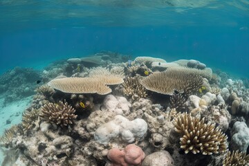 The impact of rising ocean temperatures, coral bleaching, vibrant and healthy coral juxtaposed with bleached and pale coral. Global warming problem. AI Generative