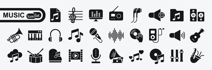 Music icon set. Musical instrument symbol. Containing musical note,  radio, piano, speaker, sound and disc icons. Vector illustration.