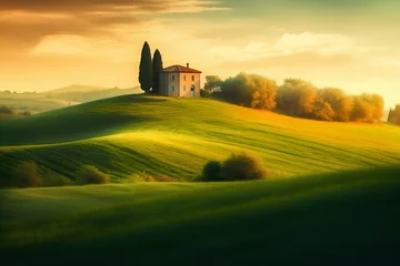Fotobehang House Standing on a Green Field, Italian Landscapes. Generative ai © Scrudje