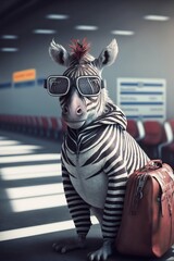 Zebra with Sunglasses, Backpack and Boarding Pass in the Airport. Generative ai
