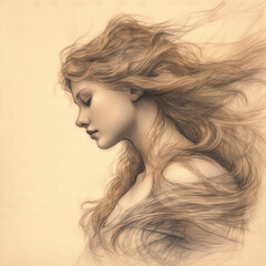Drawing of a beautiful young woman with long hair created with Generative AI technology