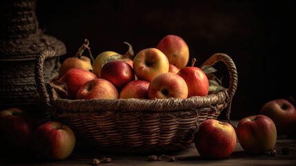 a bunch of fresh apples in a basket with blur background